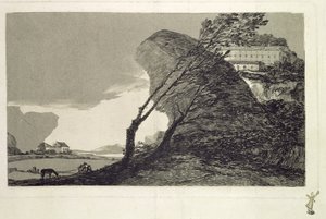 Landschaft mit großen Felsen, Gebäuden und Bäumen, vor 1810